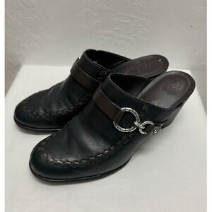 Brighton Black Leather Embellished Mules Wedge Heels Women Size 8.5M